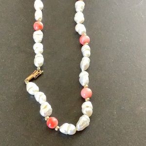 Fresh water pearl necklace with coral beads and 14k gold beads.